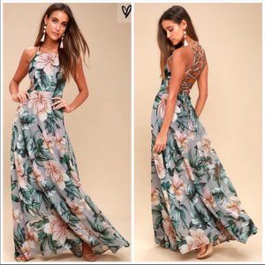 Lulu’s Love Abloom Grey Floral Print Lace-Up Maxi